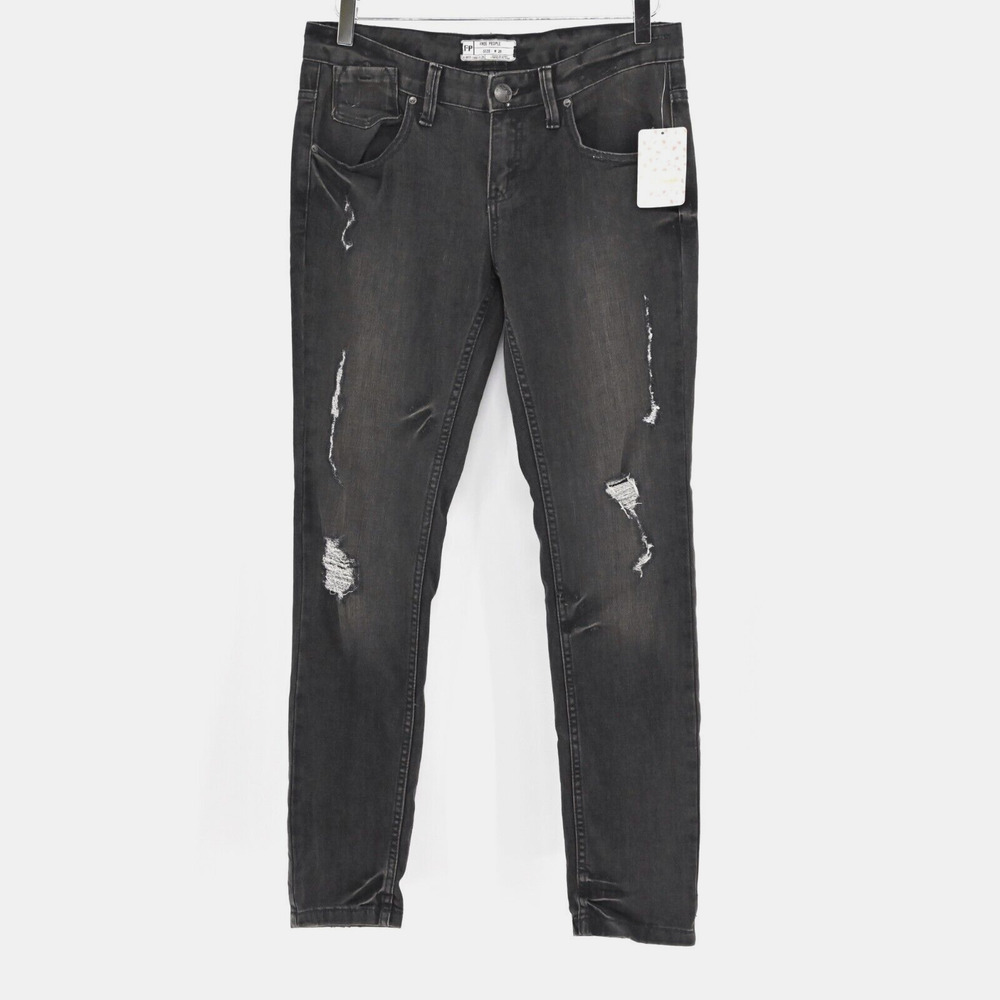 FREE PEOPLE Jeans Womens Sz 28 Coal Miners Washed Black Distressed Boho Festival